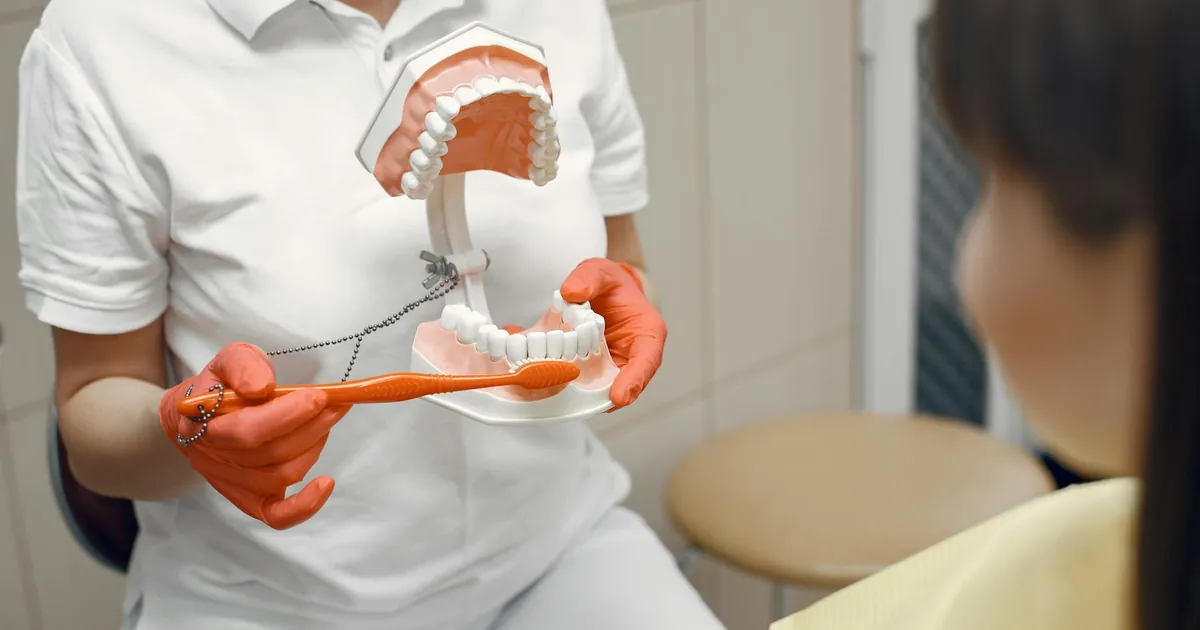 A dentist shows proper brushing technique using a dental model to a patient in a clinic.