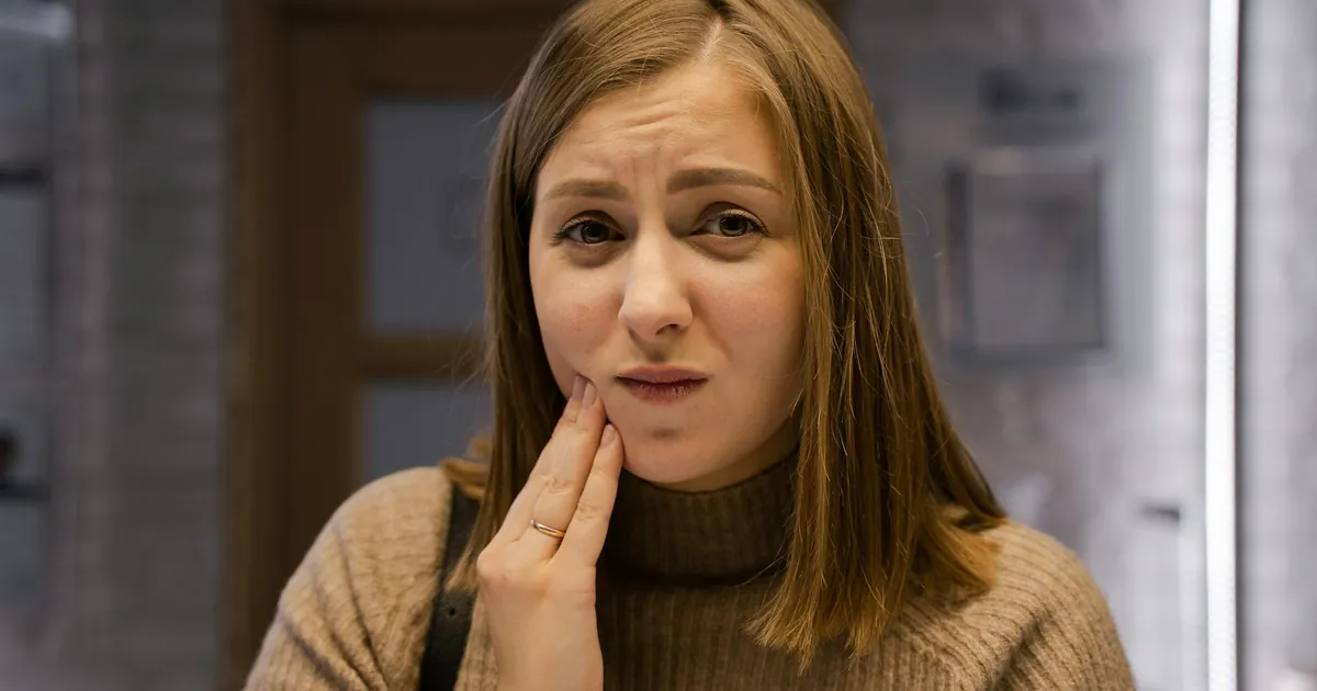 Caucasian woman expressing toothache discomfort, wearing a brown sweater indoors.