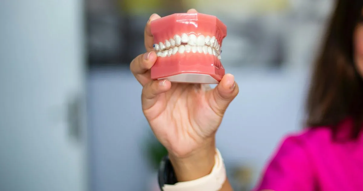 A dentist's hand holding a dental teeth model indoors. Ideal for dental care concepts.