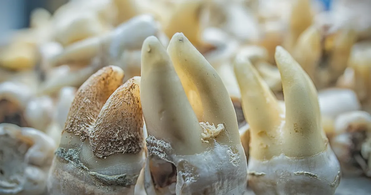 Detailed macro shot of decaying human teeth, showcasing cavity and dental issues.