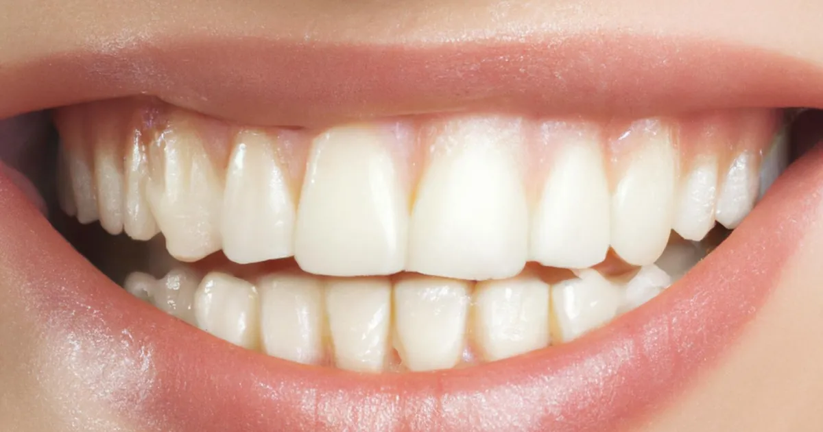 A detailed close-up of a perfect set of white teeth and lips in a bright smile.